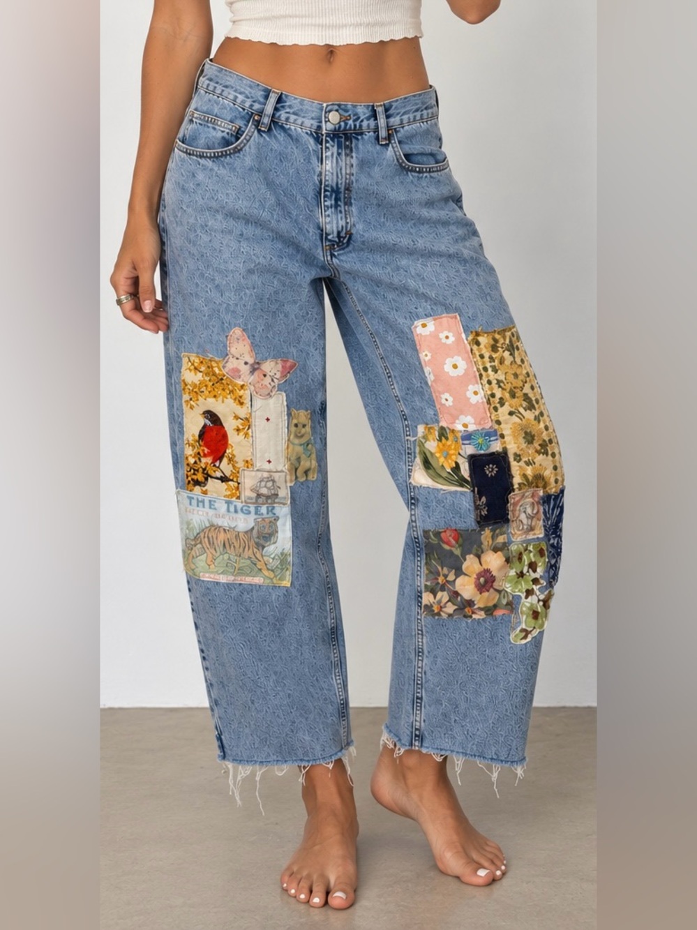 Upcycled Light Blue Patchwork Wide-Leg Jeans with multiple patches